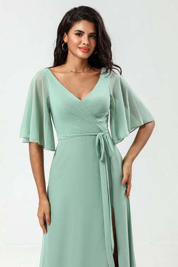 A-Line V-Neck Matcha Long Bridesmaid Dress with Slit