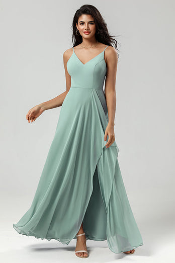 Spaghetti Straps Sleeveless Matcha Bridesmaid Dress with Slit