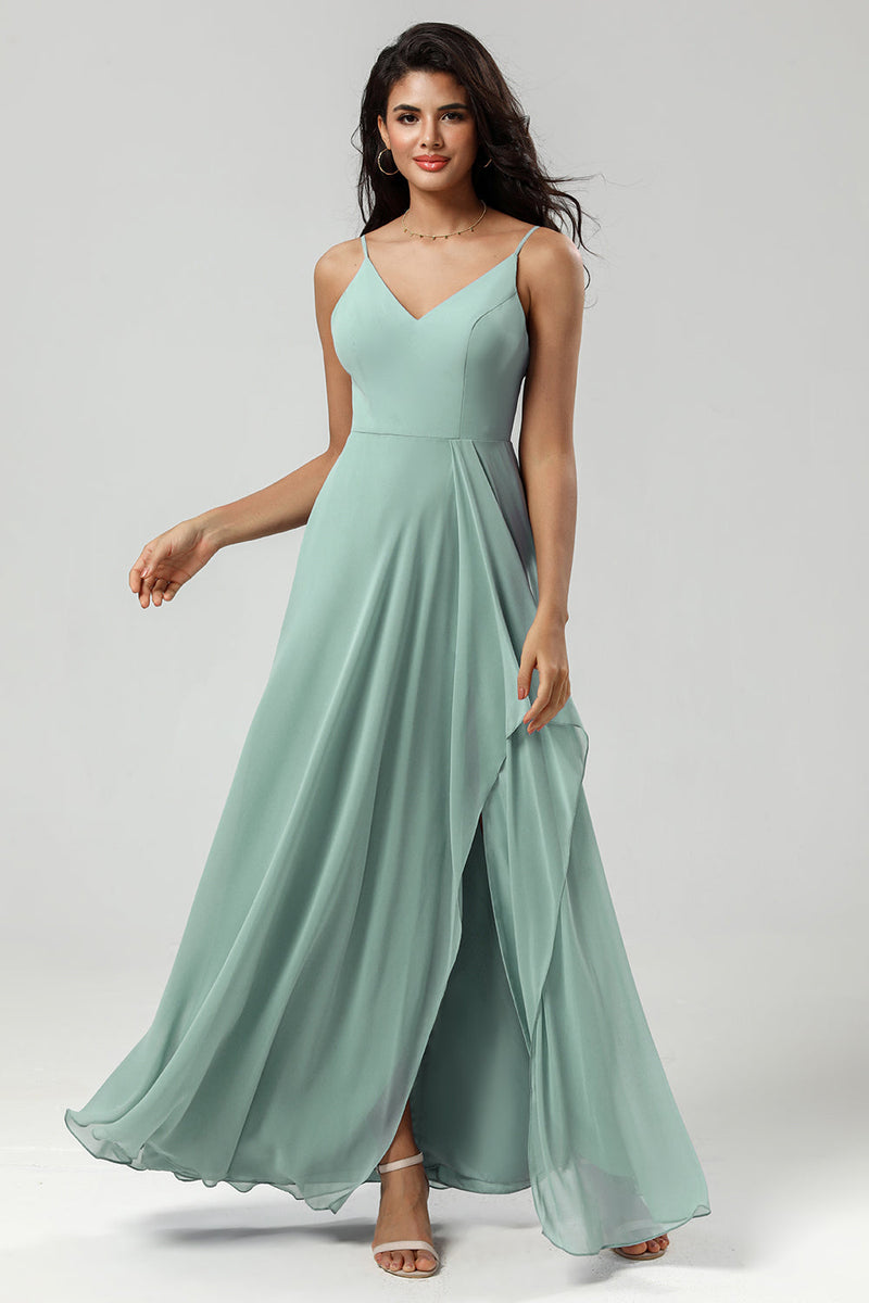 Load image into Gallery viewer, Spaghetti Straps Sleeveless Matcha Bridesmaid Dress with Slit