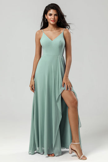 Spaghetti Straps Sleeveless Matcha Bridesmaid Dress with Slit