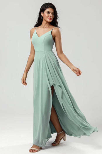 Spaghetti Straps Sleeveless Matcha Bridesmaid Dress with Slit