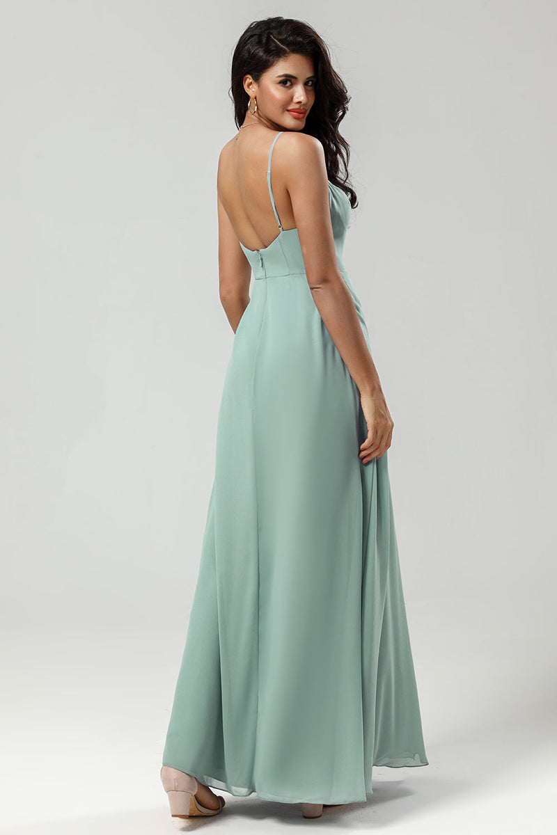 Load image into Gallery viewer, Spaghetti Straps Sleeveless Matcha Bridesmaid Dress with Slit