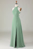 Load image into Gallery viewer, A-Line Halter Open Back Matcha Bridesmaid Dress with Split Front