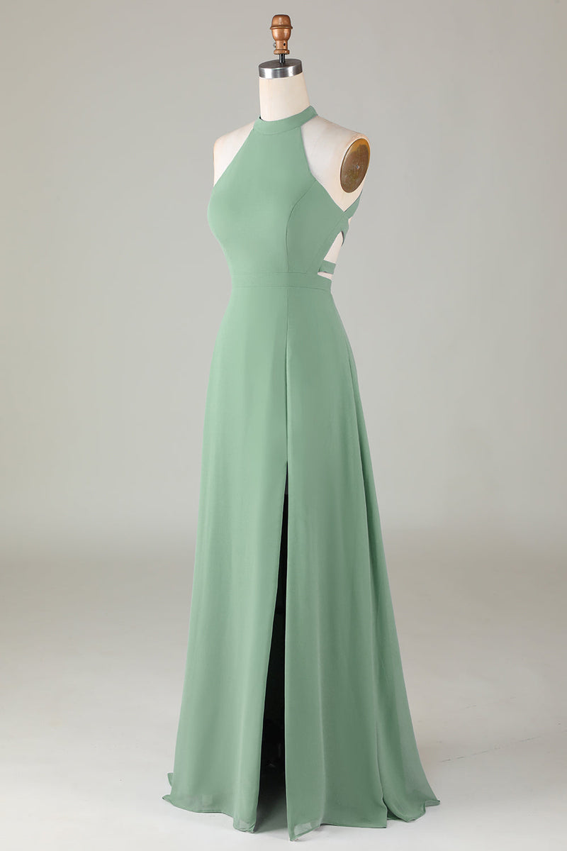 Load image into Gallery viewer, A-Line Halter Open Back Matcha Bridesmaid Dress with Split Front