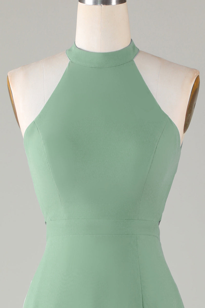 Load image into Gallery viewer, A-Line Halter Open Back Matcha Bridesmaid Dress with Split Front