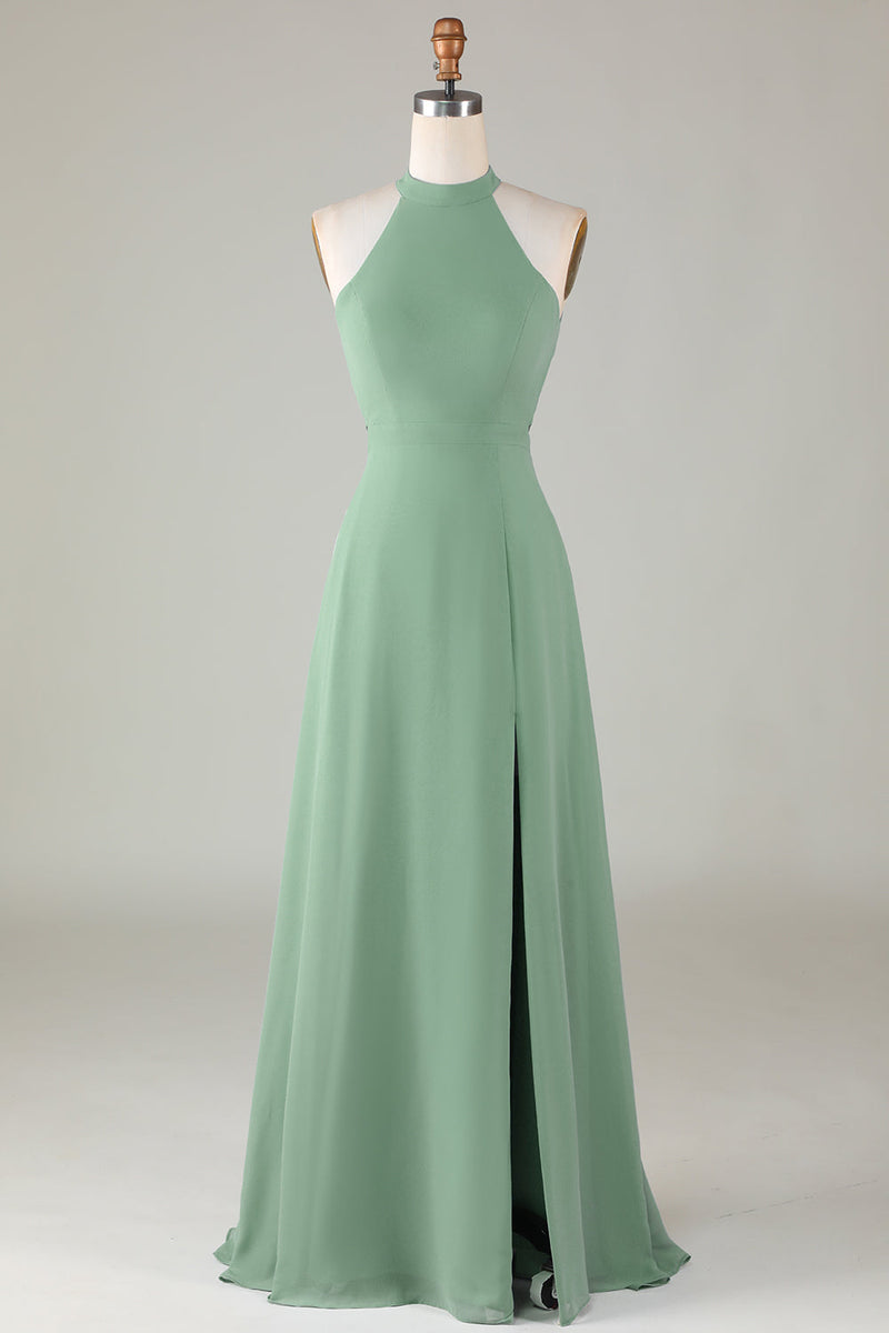 Load image into Gallery viewer, A-Line Halter Open Back Matcha Bridesmaid Dress with Split Front