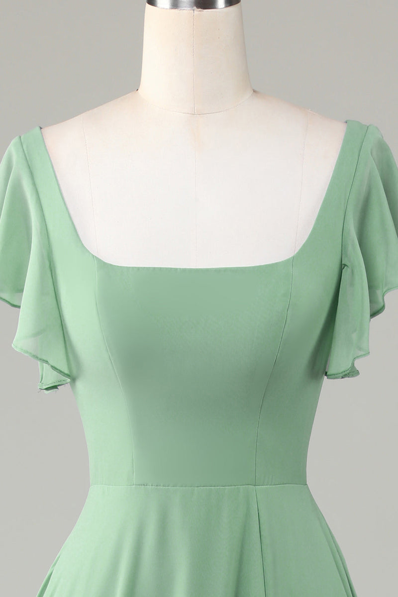 Load image into Gallery viewer, Square Neck Matcha Bridesmaid Dress with Ruffles