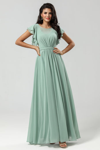 Boat Neck Matcha Long Bridesmaid Dress with Ruffles