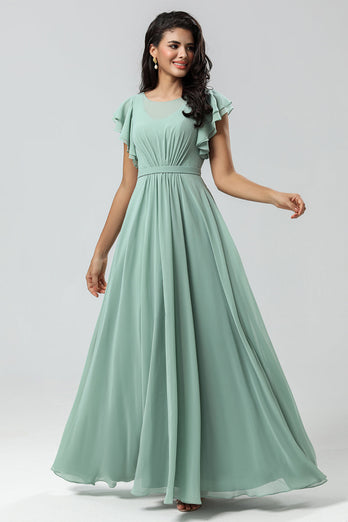 Boat Neck Matcha Long Bridesmaid Dress with Ruffles