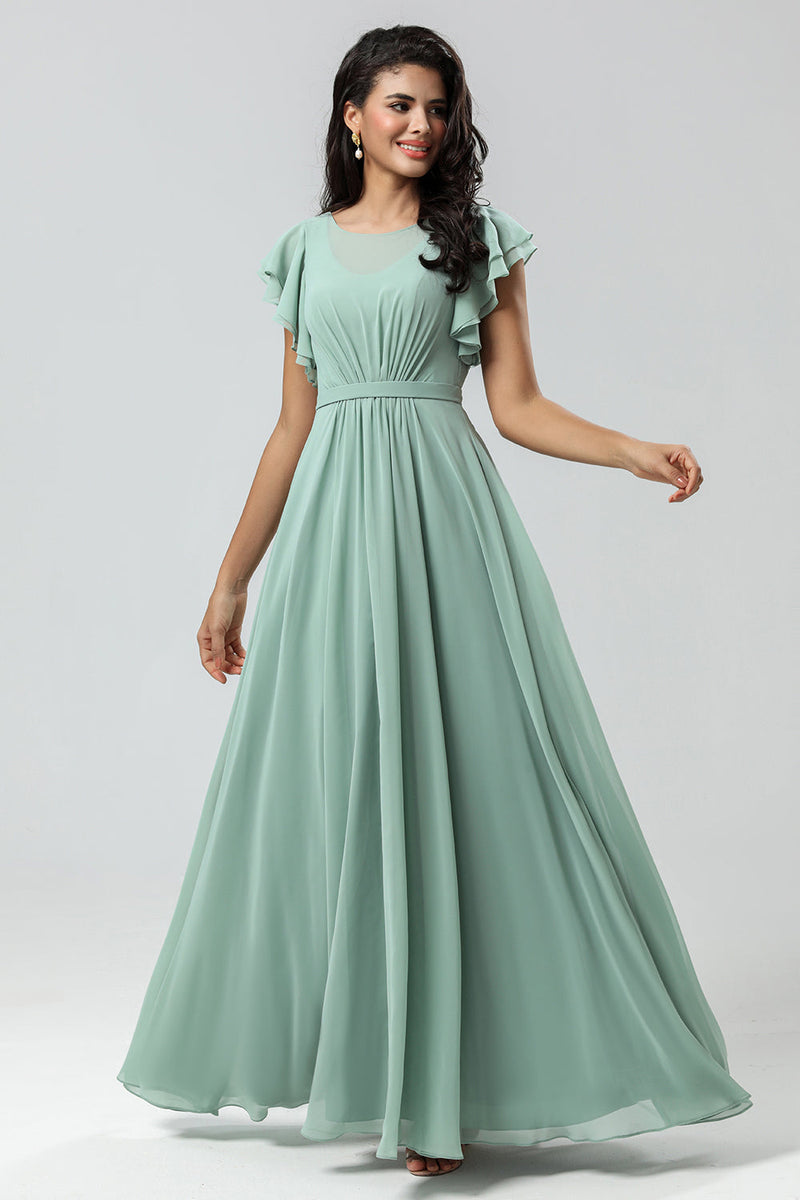 Load image into Gallery viewer, Boat Neck Matcha Long Bridesmaid Dress with Ruffles