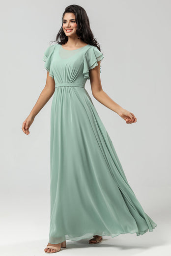 Boat Neck Matcha Long Bridesmaid Dress with Ruffles