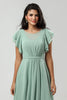 Load image into Gallery viewer, Boat Neck Matcha Long Bridesmaid Dress with Ruffles