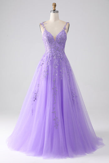 Lilac A-Line Spaghetti Straps Long Formal Dress with Appliques