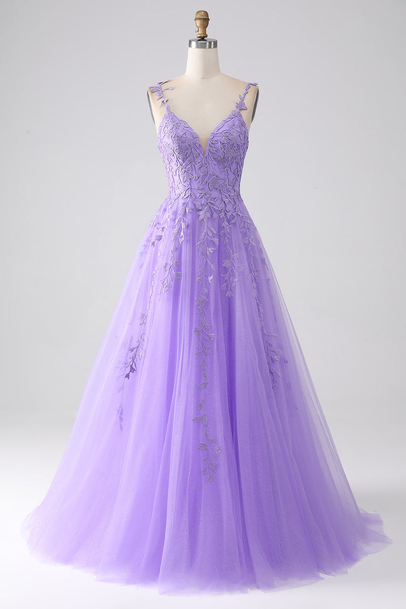 Load image into Gallery viewer, Lilac A-Line Spaghetti Straps Long Formal Dress with Appliques