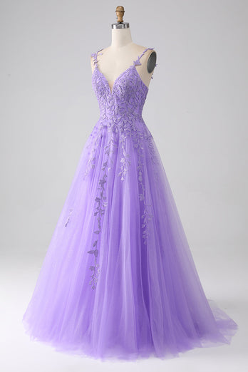 Lilac A-Line Spaghetti Straps Long Formal Dress with Appliques