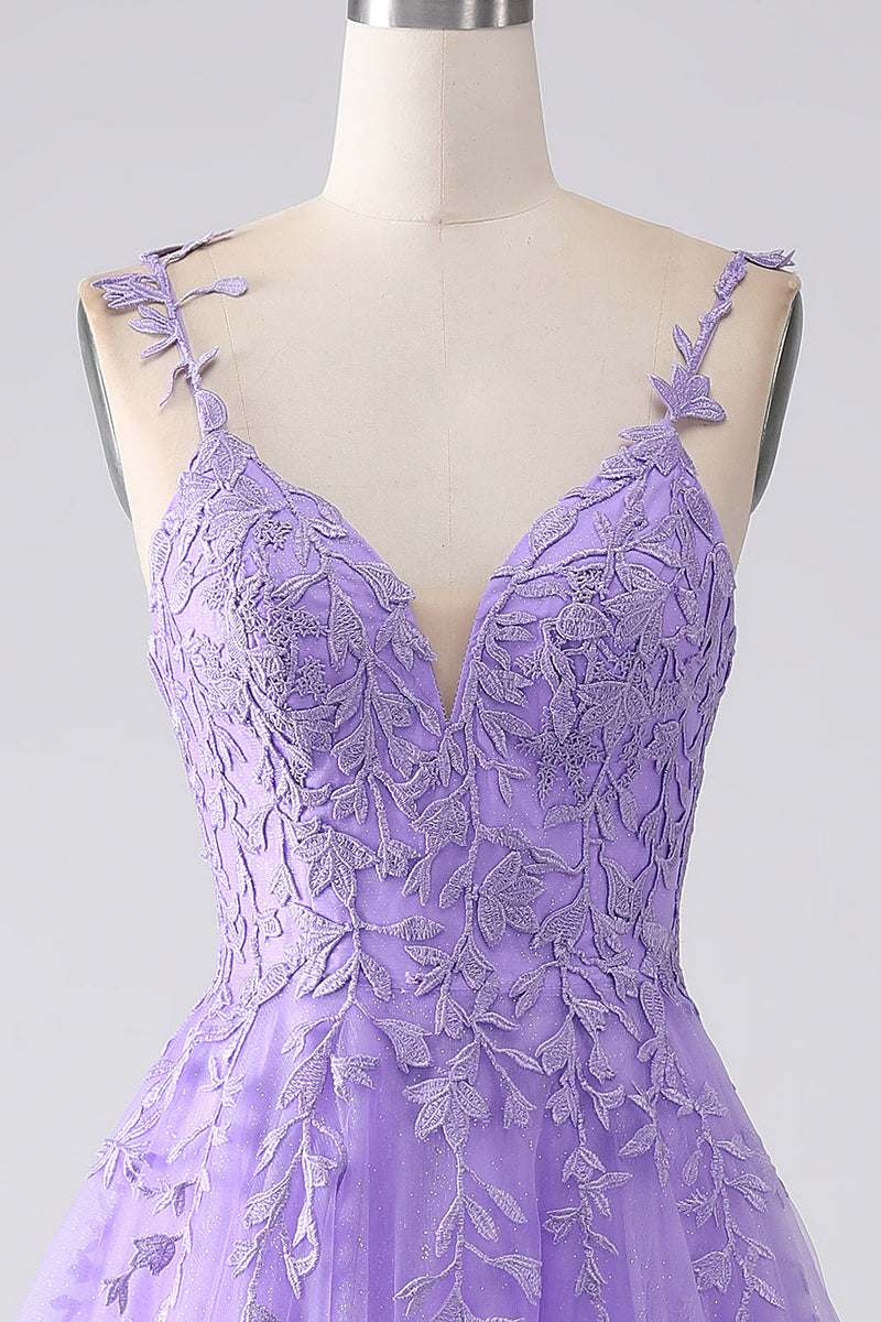 Load image into Gallery viewer, Lilac A-Line Spaghetti Straps Long Formal Dress with Appliques