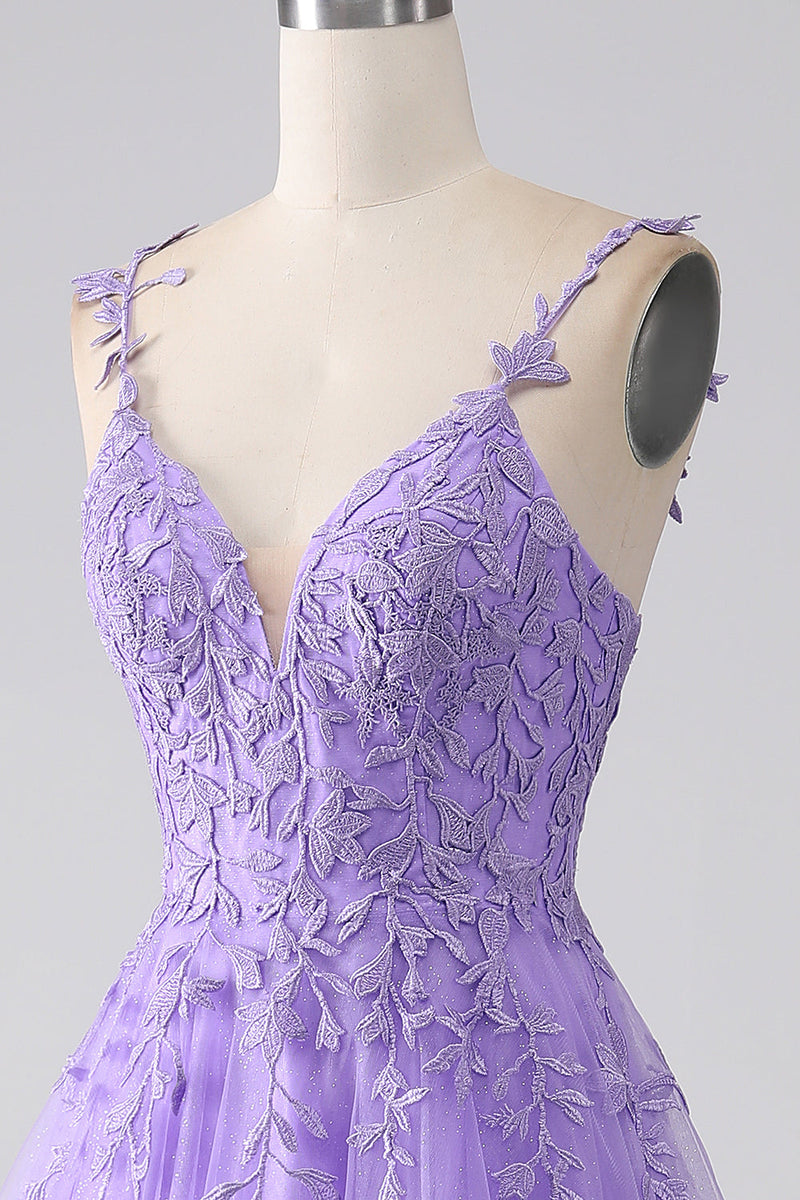 Load image into Gallery viewer, Lilac A-Line Spaghetti Straps Long Formal Dress with Appliques