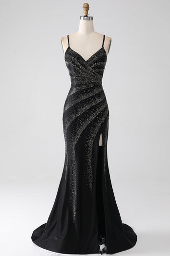 Mermaid Beaded Black Formal Dress with Slit