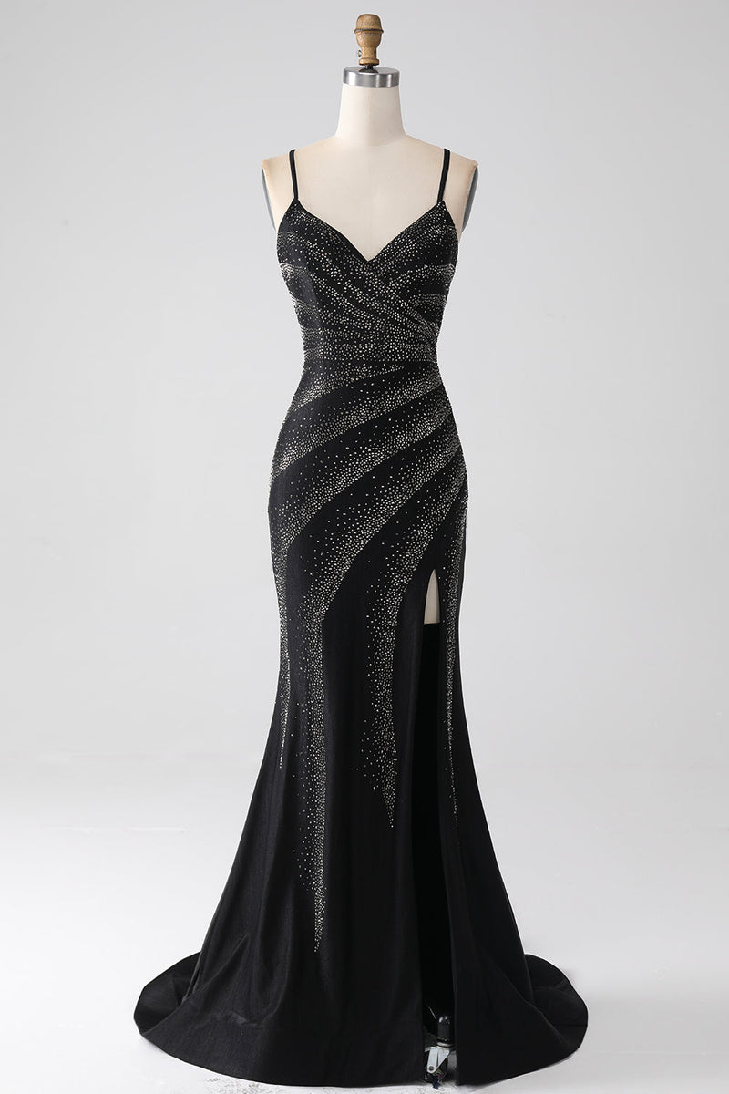 Load image into Gallery viewer, Mermaid Beaded Black Formal Dress with Slit