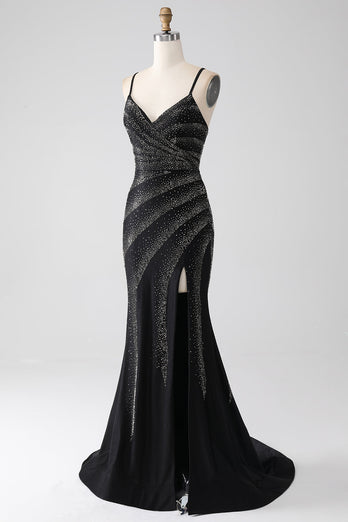 Mermaid Beaded Black Formal Dress with Slit