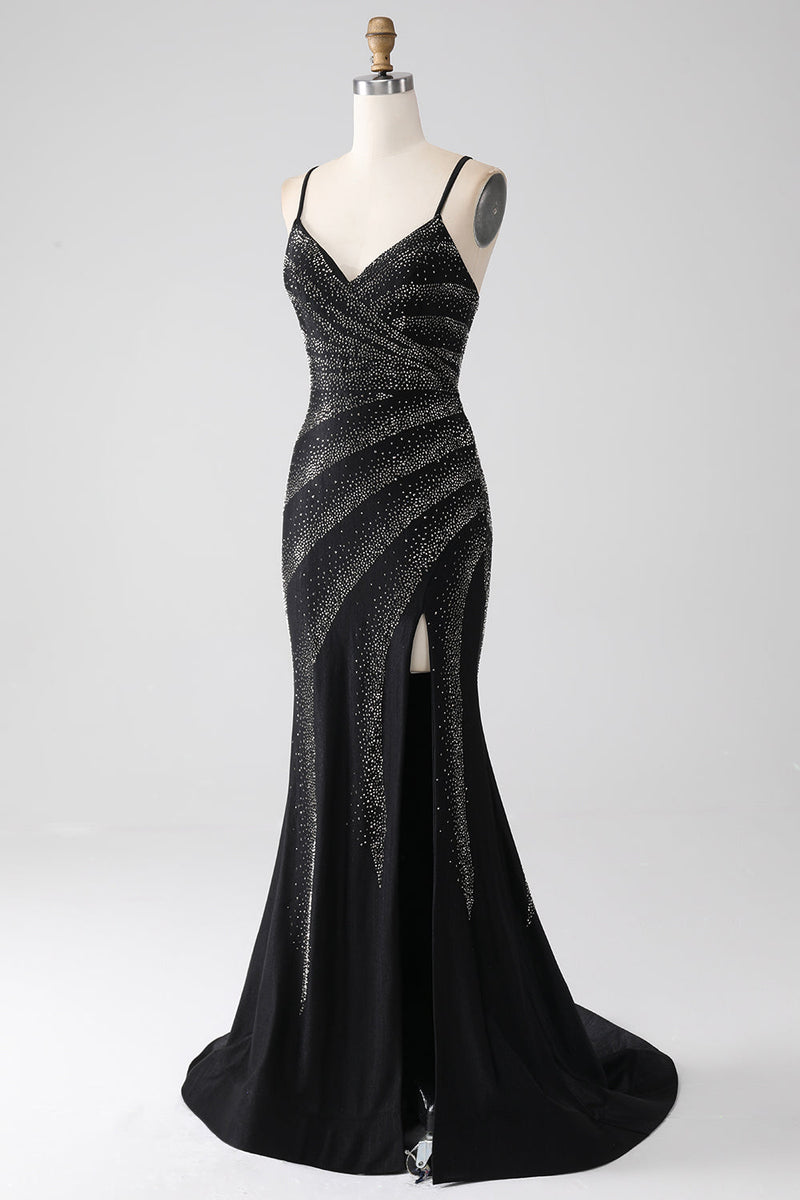 Load image into Gallery viewer, Mermaid Beaded Black Formal Dress with Slit