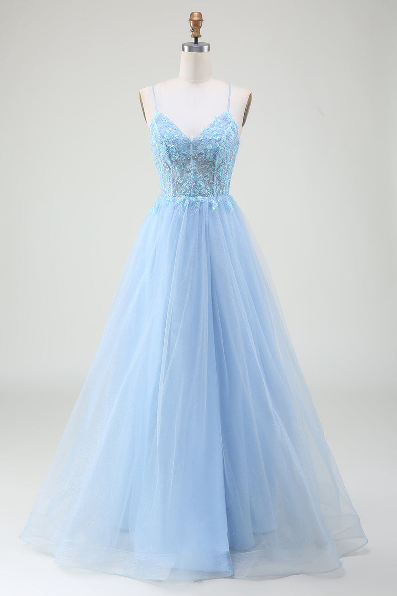 Load image into Gallery viewer, Light Blue Corset Formal Dress with Beading