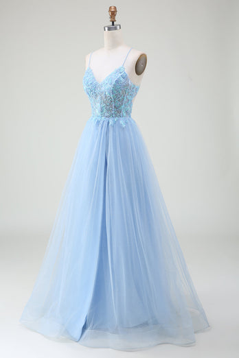 Light Blue Corset Formal Dress with Beading