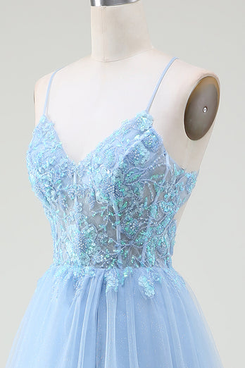 Light Blue Corset Formal Dress with Beading