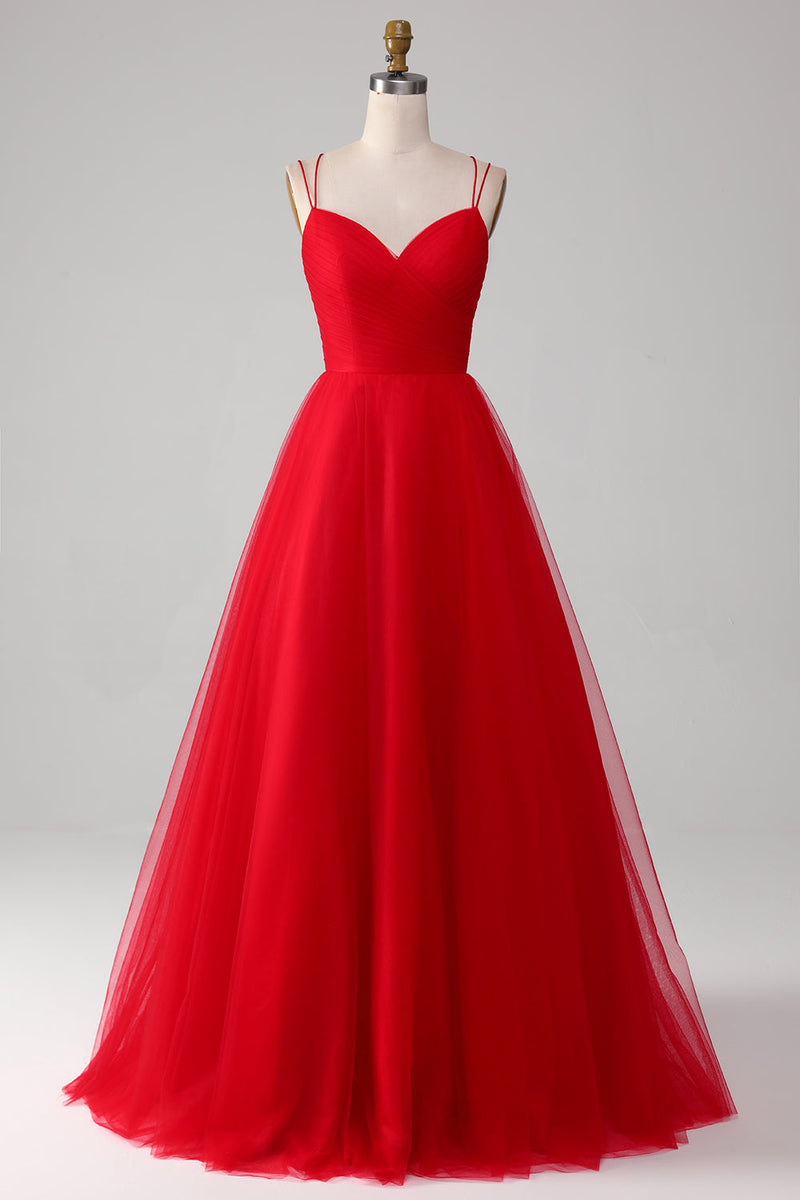 Load image into Gallery viewer, Spaghetti Straps A-Line Red Long Formal Dress wth Cross Criss Back