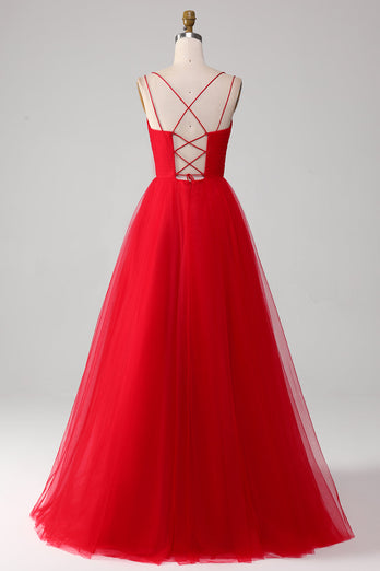 Spaghetti Straps A-Line Red Long Formal Dress with Cross Criss Back