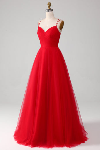 Spaghetti Straps A-Line Red Long Formal Dress wth Cross Criss Back