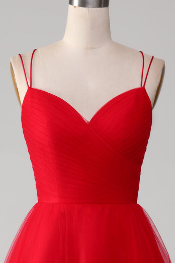 Spaghetti Straps A-Line Red Long Formal Dress with Cross Criss Back