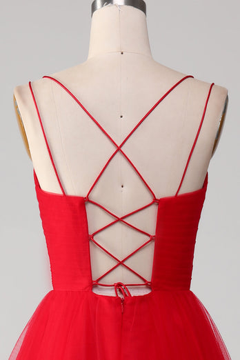 Spaghetti Straps A-Line Red Long Formal Dress wth Cross Criss Back