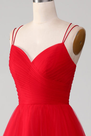 Spaghetti Straps A-Line Red Long Formal Dress with Cross Criss Back