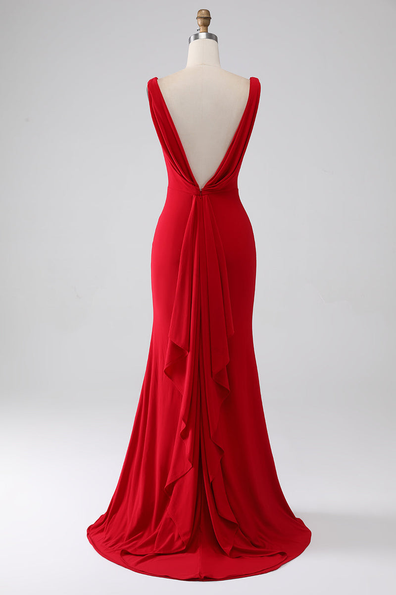 Load image into Gallery viewer, Mermaid V-Neck Red Formal Dress with Slit