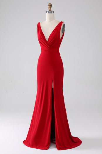 Mermaid V-Neck Red Formal Dress with Slit