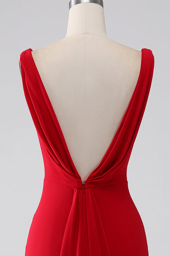 Mermaid V-Neck Red Formal Dress with Slit