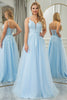 Load image into Gallery viewer, Light Blue A Line Tulle Long Formal Dress With Appliques