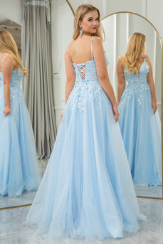 Light Blue A Line Tulle Long Formal Dress With Appliques