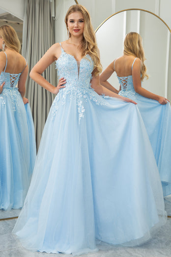 Light Blue A Line Tulle Long Formal Dress With Appliques