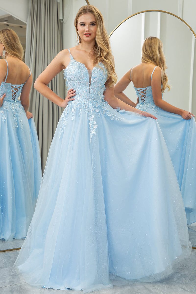 Load image into Gallery viewer, Light Blue A Line Tulle Long Formal Dress With Appliques