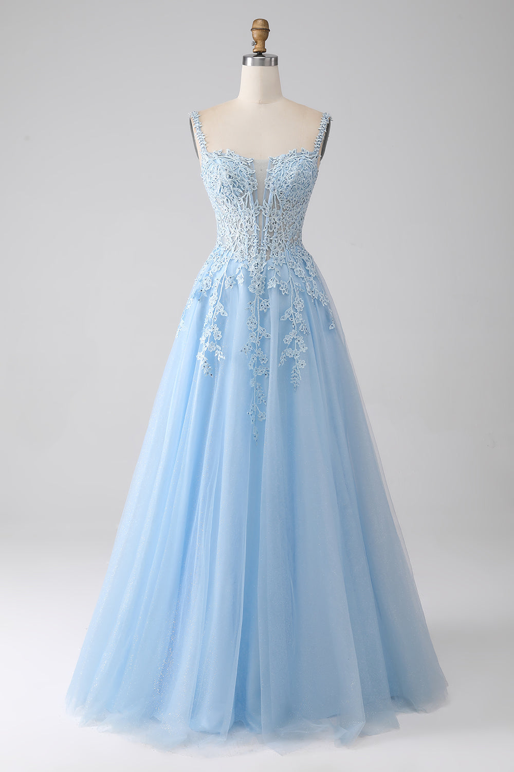 A-Line Light Blue Corset Long Formal Dress with Appliques