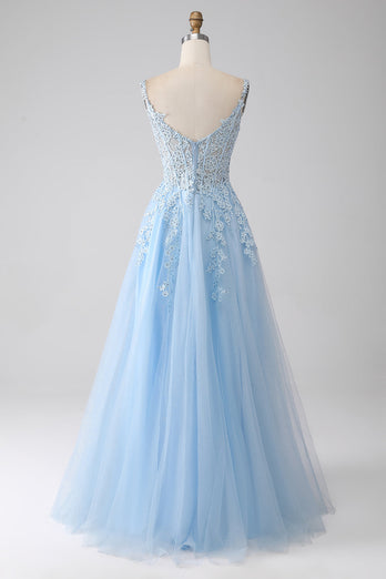 A-Line Light Blue Corset Long Formal Dress with Appliques