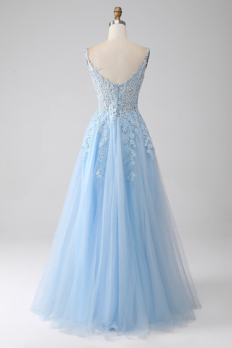 Load image into Gallery viewer, A-Line Light Blue Corset Long Formal Dress with Appliques