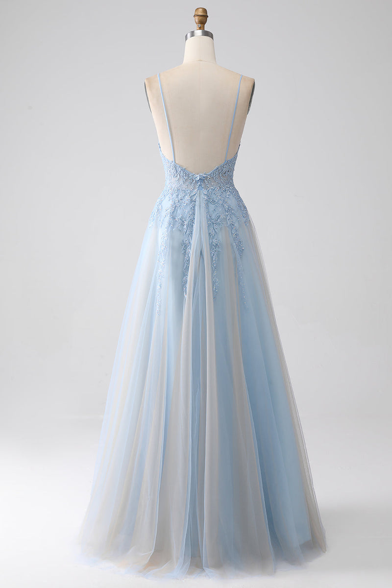 Load image into Gallery viewer, A-Line Spaghetti Straps Grey Blue Formal Dress with Beading