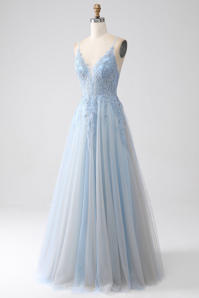 Load image into Gallery viewer, A-Line Spaghetti Straps Grey Blue Formal Dress with Beading