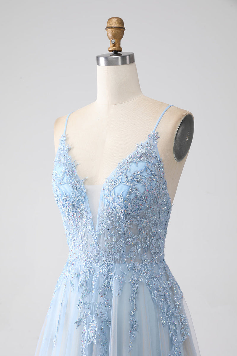 Load image into Gallery viewer, A-Line Spaghetti Straps Grey Blue Formal Dress with Beading