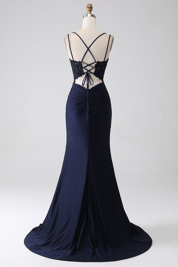 Mermaid Beaded Navy Formal Dress with Ruffles