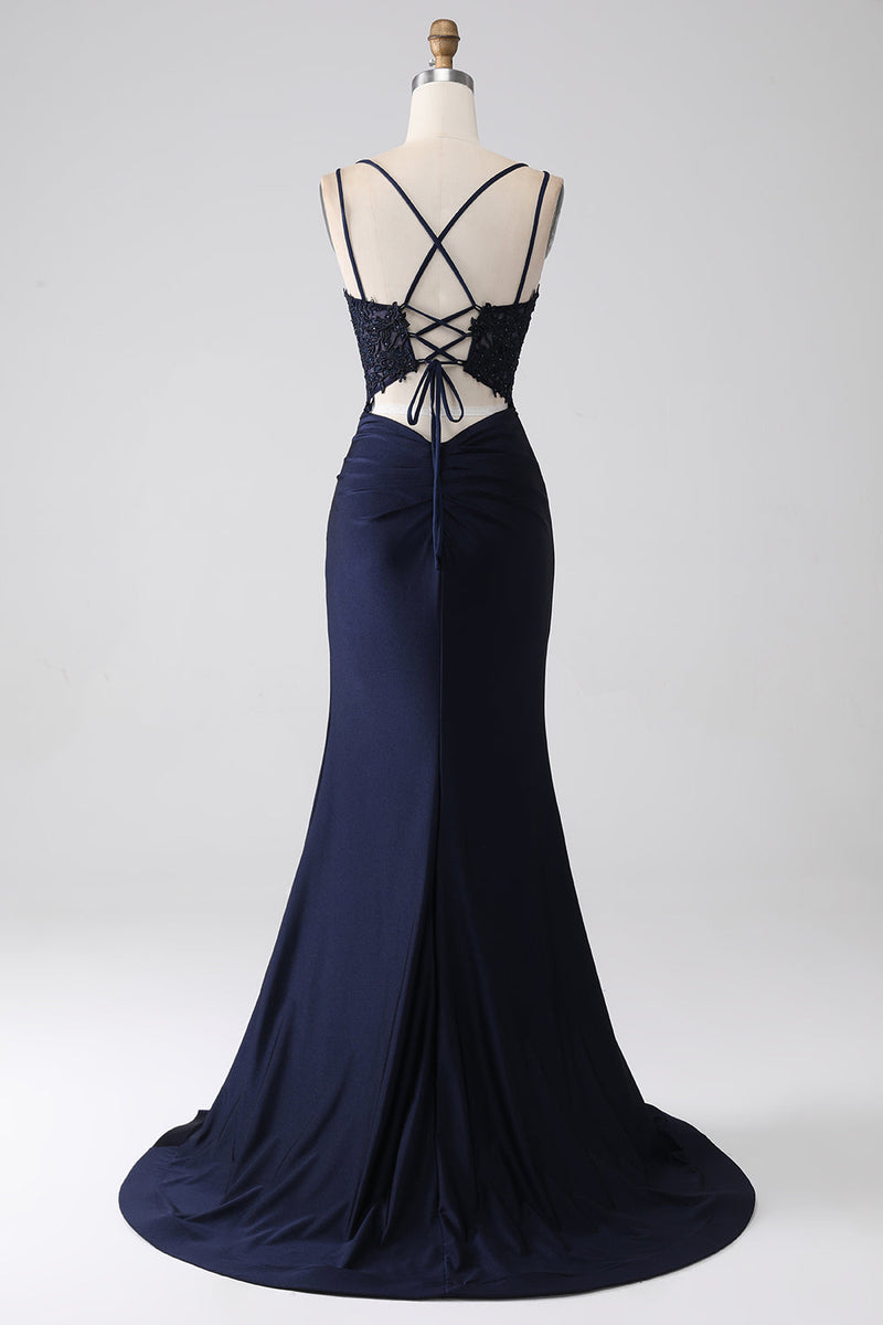 Load image into Gallery viewer, Mermaid Beaded Navy Formal Dress with Ruffles