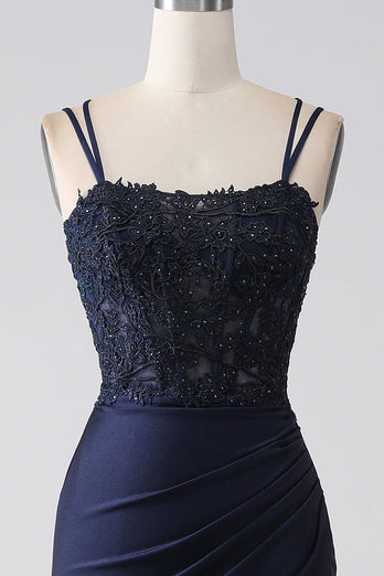 Mermaid Beaded Navy Formal Dress with Ruffles